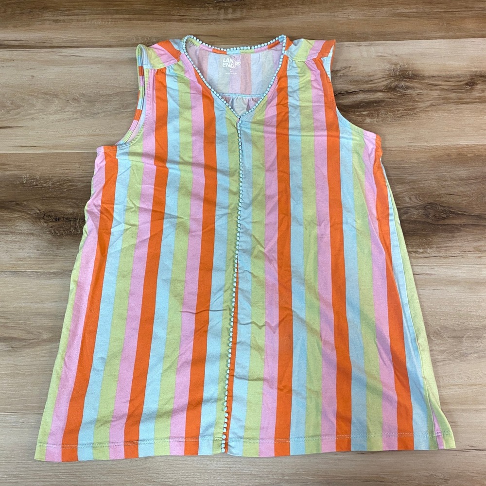Lands End Striped V Neck Tunic Dress Womens XS Pink Orange Green Pom Pom Trim